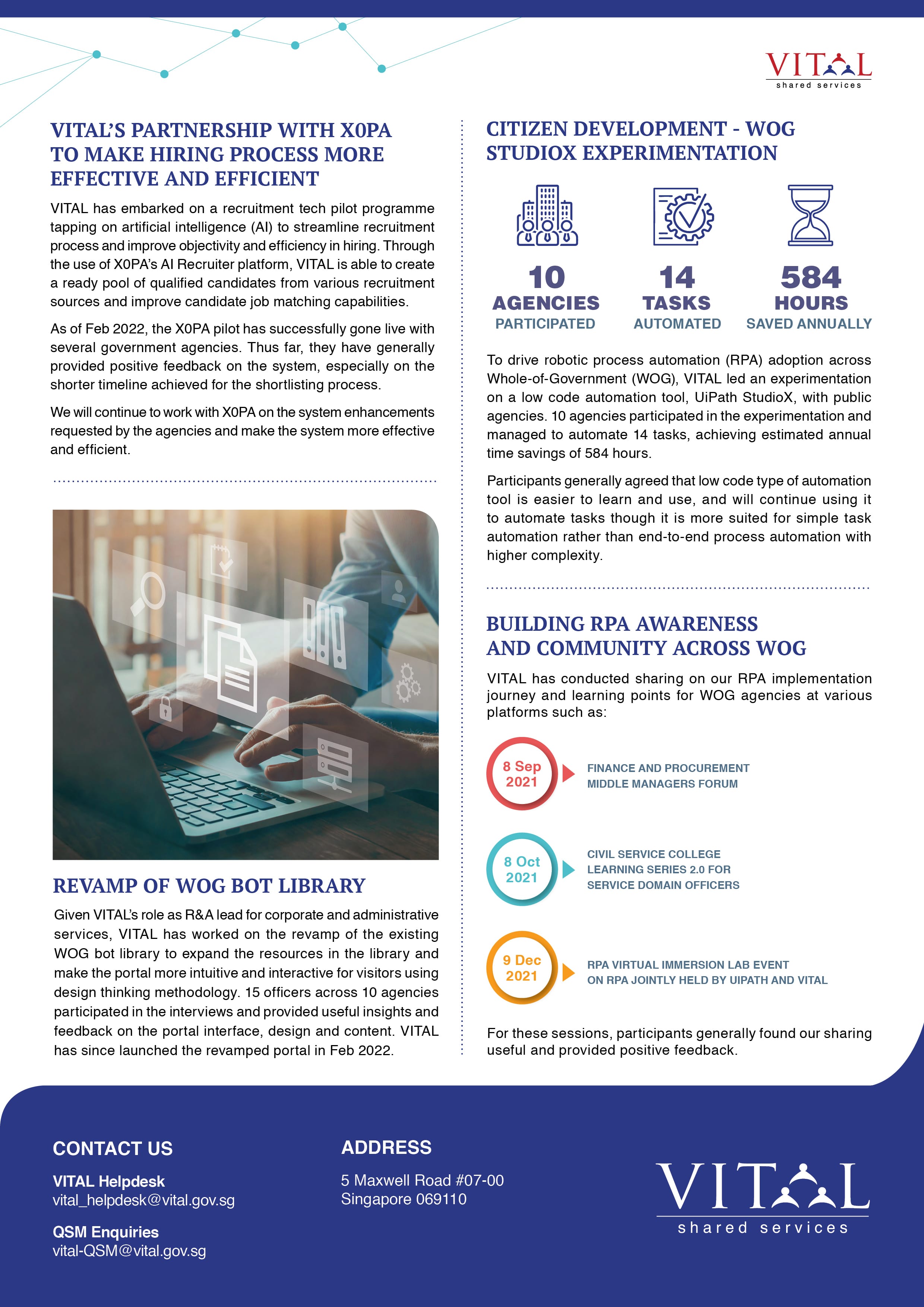 VITAL Shared Services newsletter covering hiring tech, RPA automation stats, WOG bot library revamp, and community events.